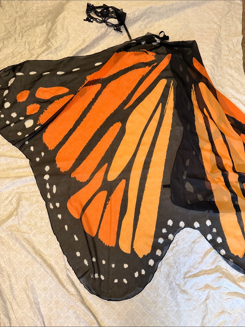 Butterfly-Inspired Orange & Black Cape w/Lace Mask